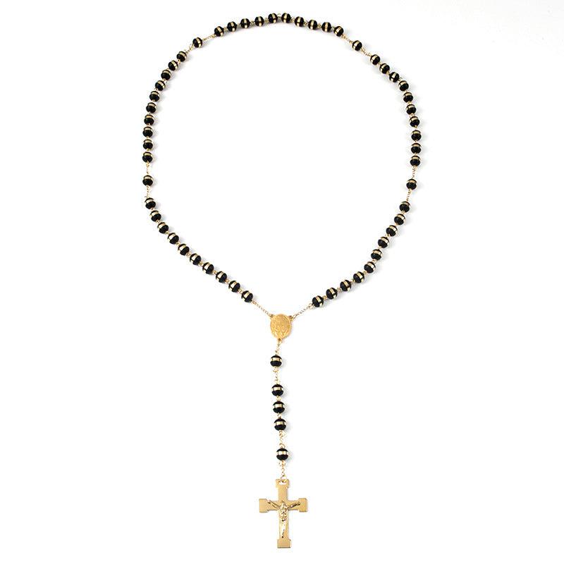 St Benedict Rosary Beads Necklace with Cross Pendant in Black & Gold-Cross Necklace-Auswara