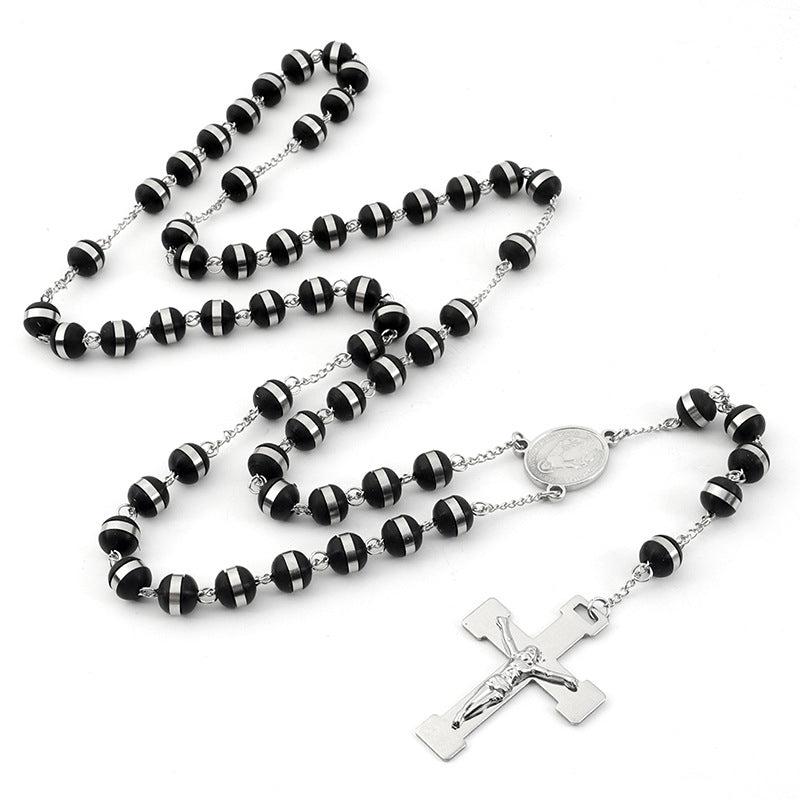 St Benedict Rosary Beads Necklace with Cross Pendant in Black & Silver-Cross Necklace-Auswara