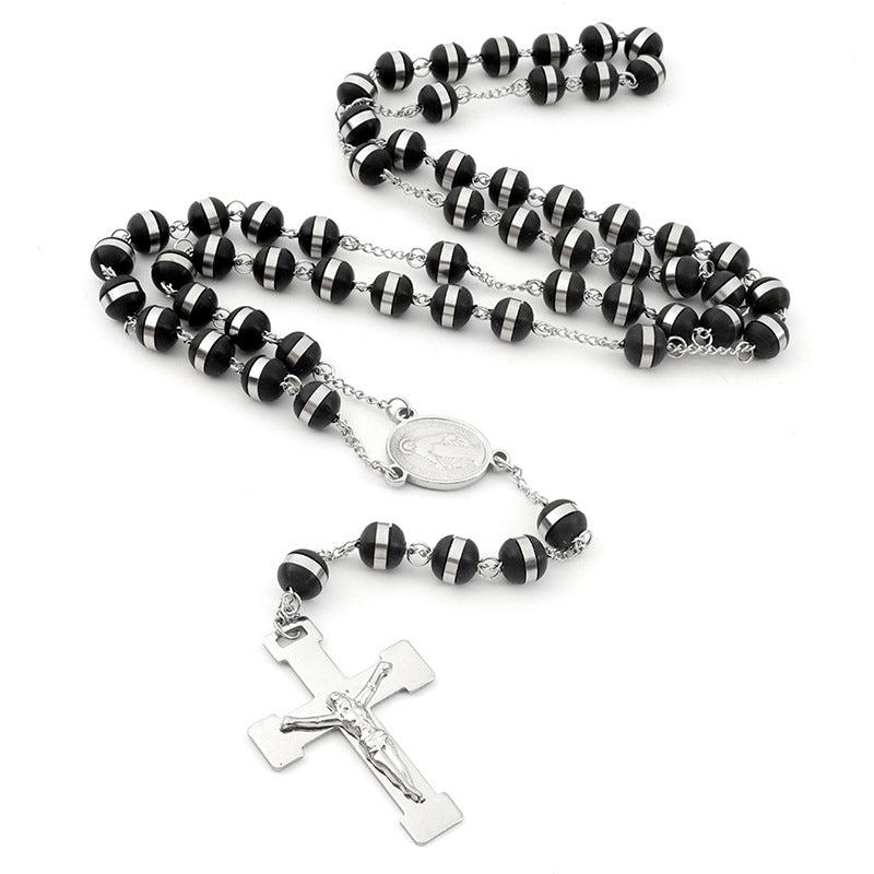 St Benedict Rosary Beads Necklace with Cross Pendant in Black & Silver-Cross Necklace-Auswara