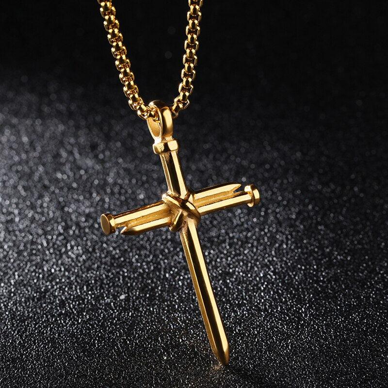 Stainless Steel Nail Cross Necklace – Gold Colour-Cross Necklace-Auswara