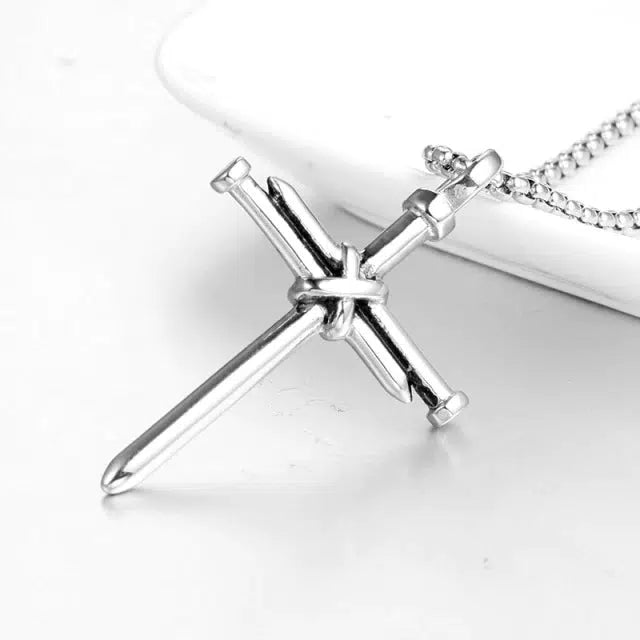 Stainless Steel Nail Cross Necklace – Silver Colour-Cross Necklace-Auswara