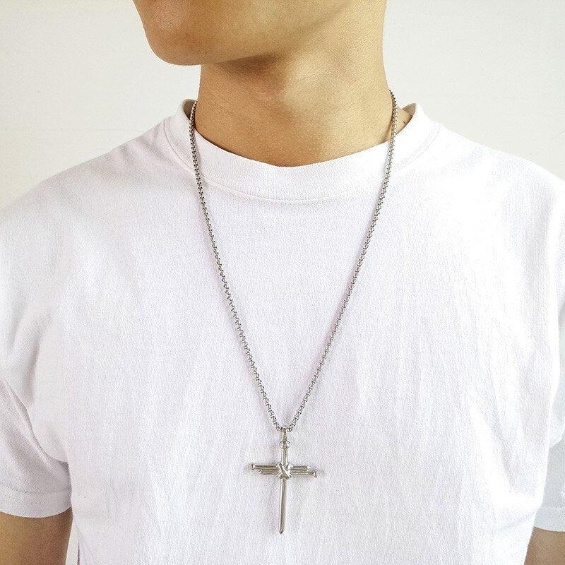Stainless Steel Nail Cross Necklace – Silver Colour-Cross Necklace-Auswara
