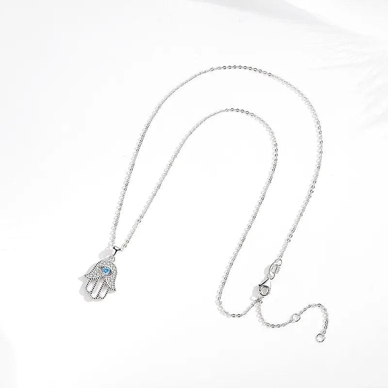 Sterling Silver Evil Eye Hamsa Pendant Necklace-Evil Eye Necklace-Auswara