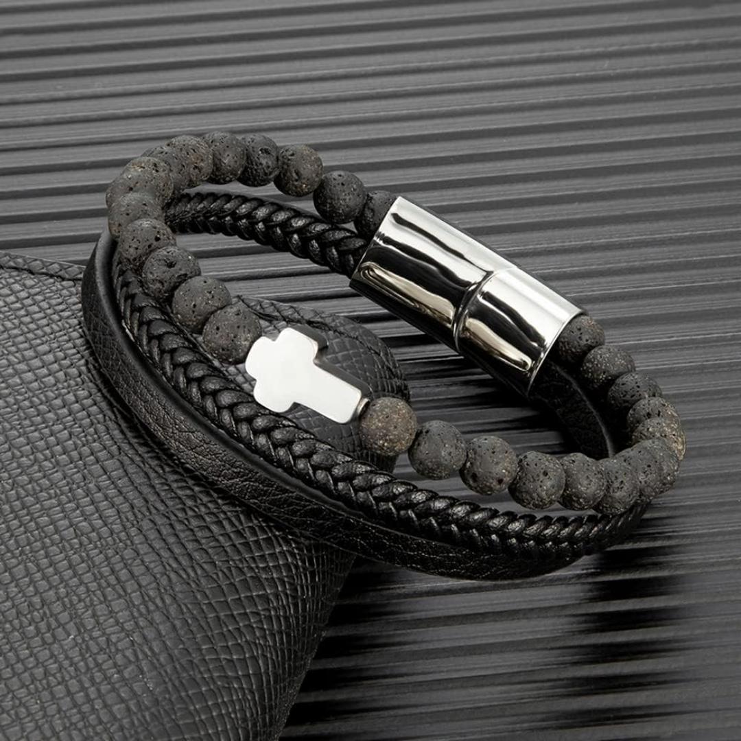 Trinity Leather & Black Bead Cross Bracelet-Personalised Bracelet-Auswara