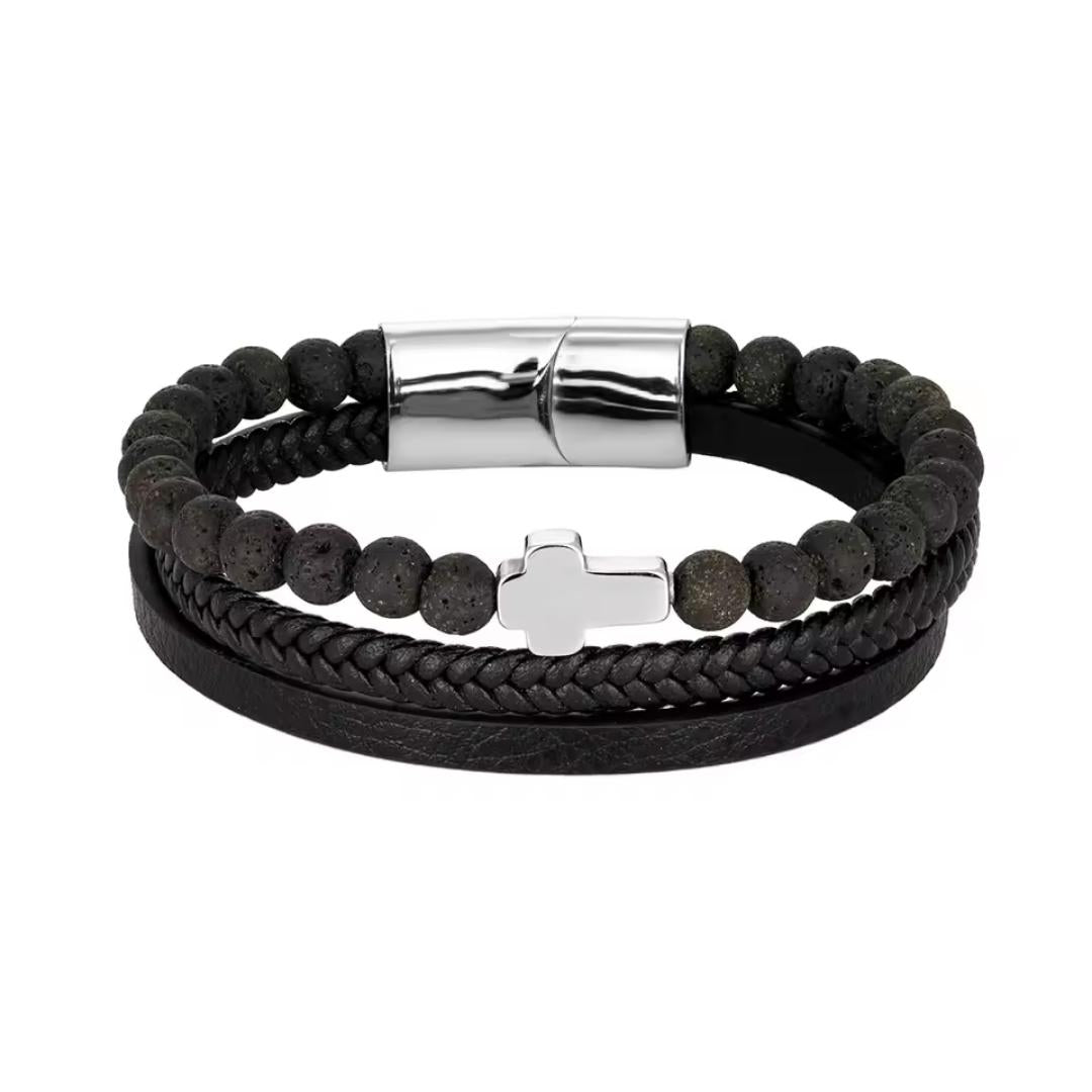 Trinity Leather & Black Bead Cross Bracelet-Personalised Bracelet-Auswara