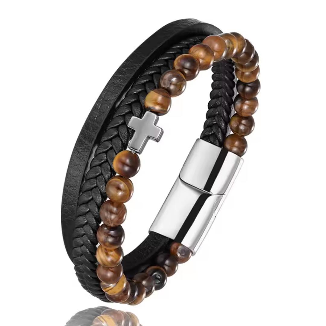 Trinity Leather & Tiger Eye Bead Cross Bracelet-Personalised Bracelet-Auswara