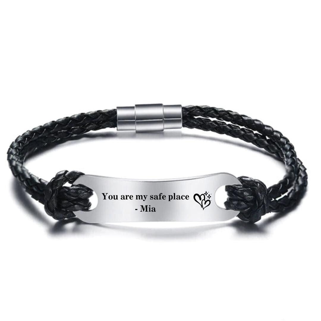 Personalised Black Leather Bracelet with Magnet Clasp (OLD TEMPLATE)-Personalised Bracelet-Auswara