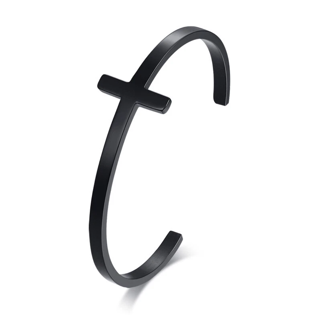 Personalised Unisex Black Plated Cross Cuff Christian Bracelet