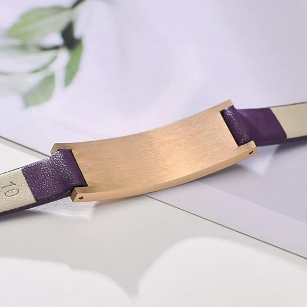 Purple Leather Medical Alert ID Bracelet with Rose Gold Bar-Medical ID Bracelet-Auswara