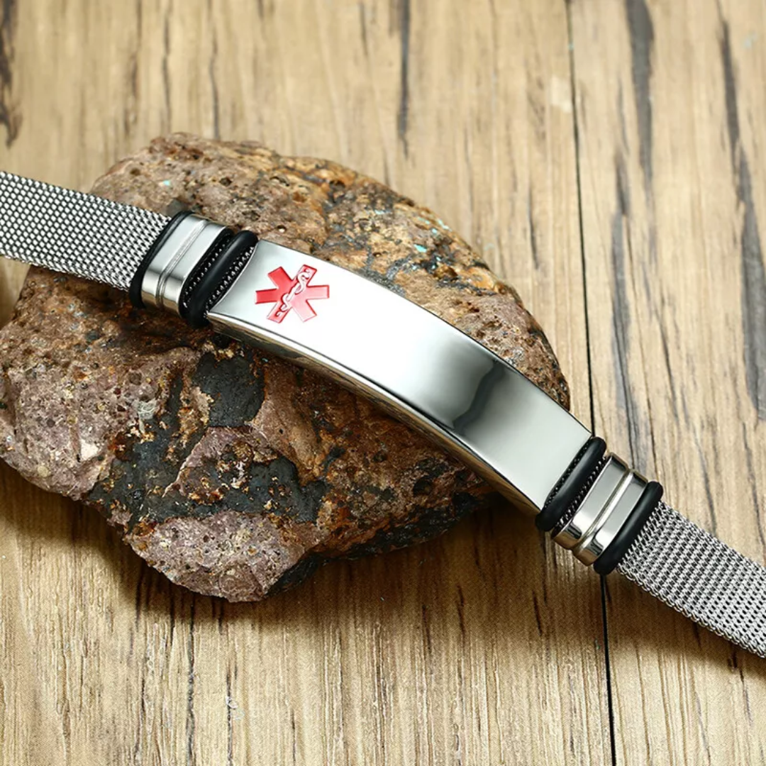 Personalised Silver Steel Medical Alert ID Mesh Bracelet