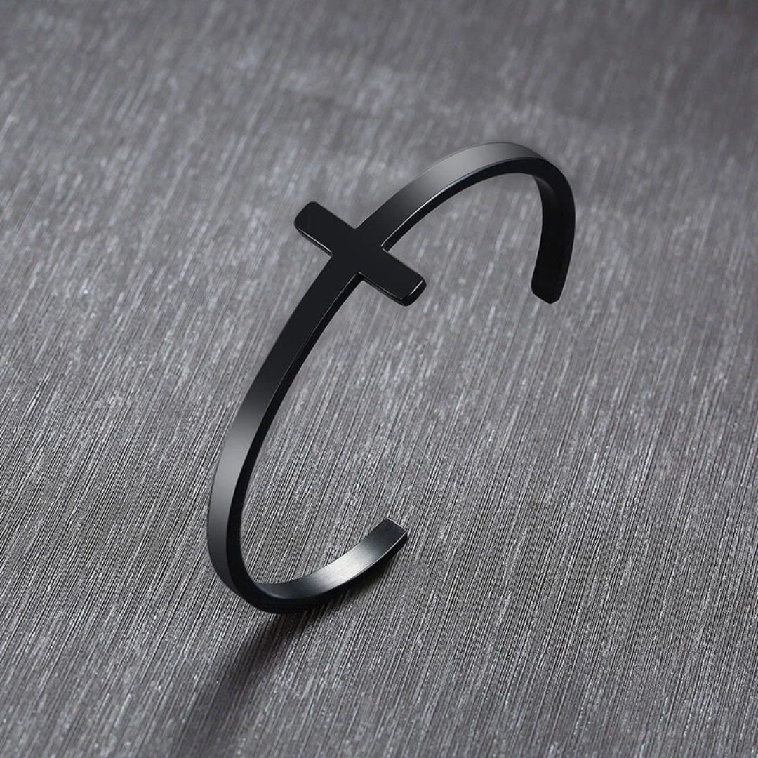 Personalised Unisex Black Plated Cross Cuff Christian Bracelet