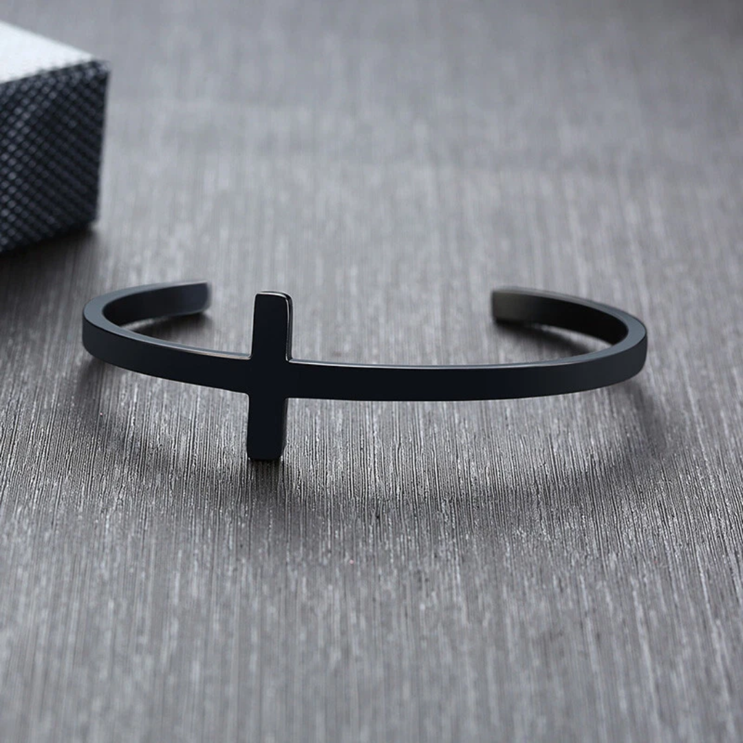 Personalised Unisex Black Plated Cross Cuff Christian Bracelet