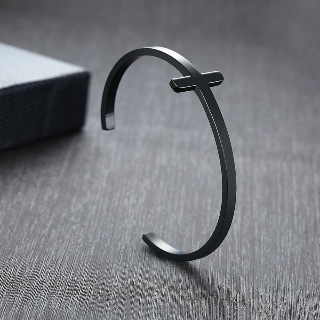 Personalised Unisex Black Plated Cross Cuff Christian Bracelet