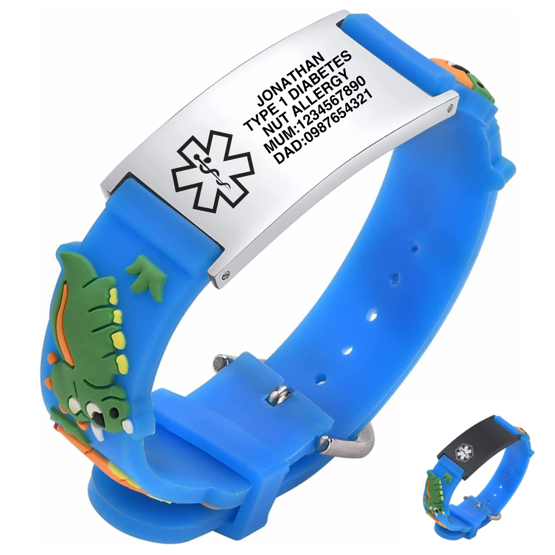 Dino Blue Silicone Kids Medical Alert Bracelet