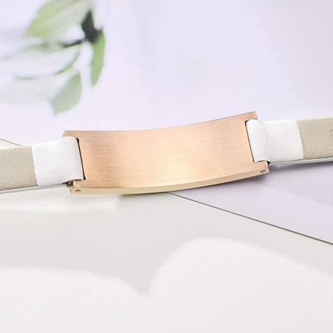 White Leather Medical Alert ID Bracelet with Rose Gold Bar-Medical ID Bracelet-Auswara