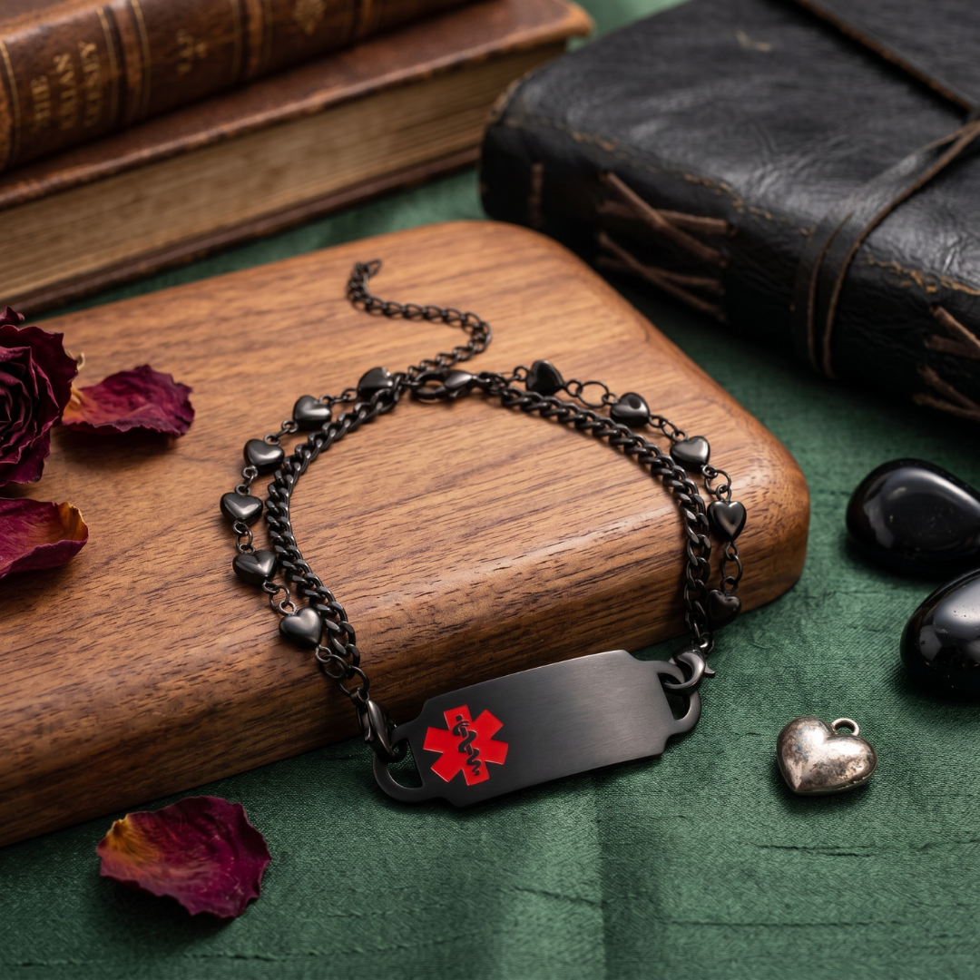 Women's Black Heart Double Chain Medical ID Bracelet