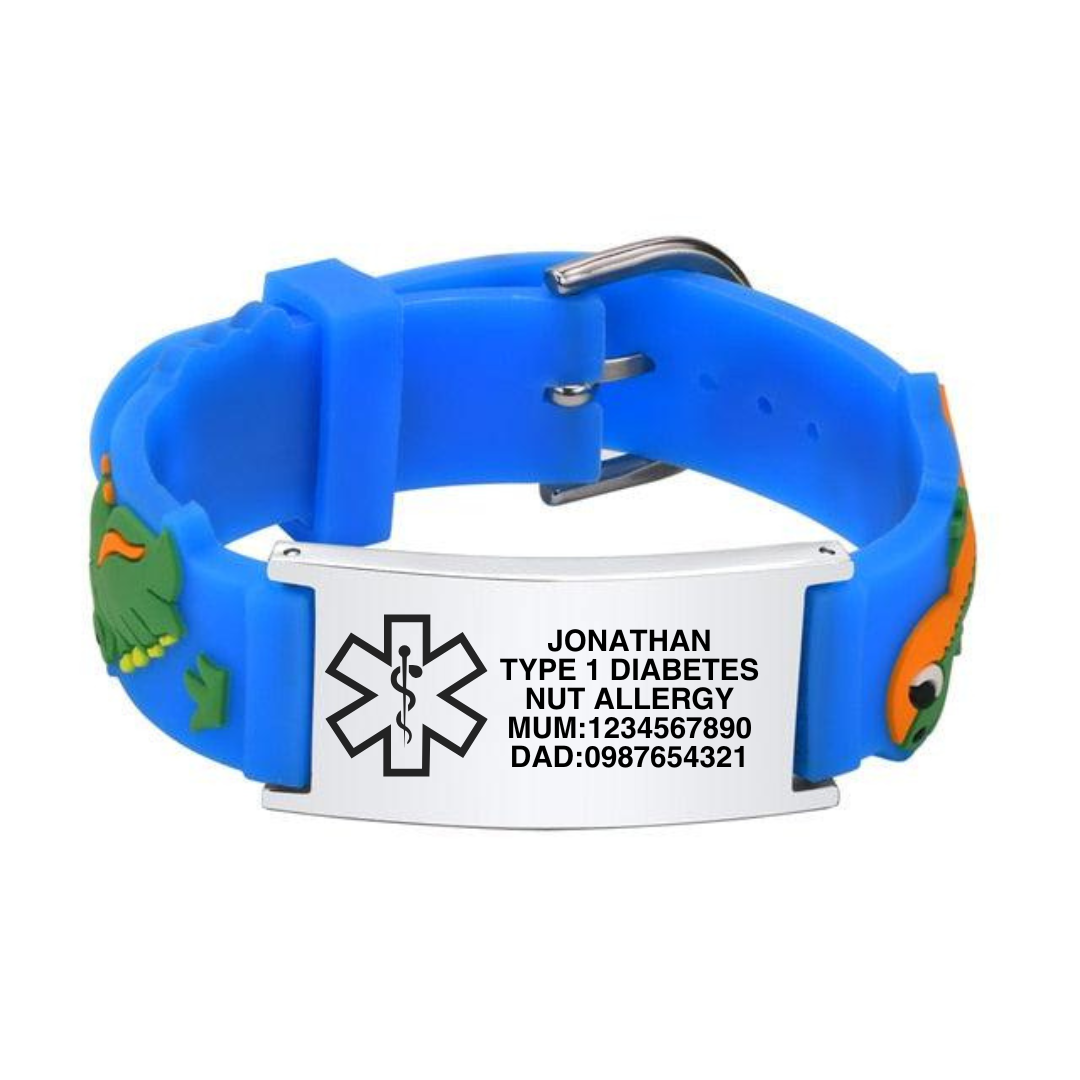 Dino Blue Silicone Kids Medical Alert Bracelet
