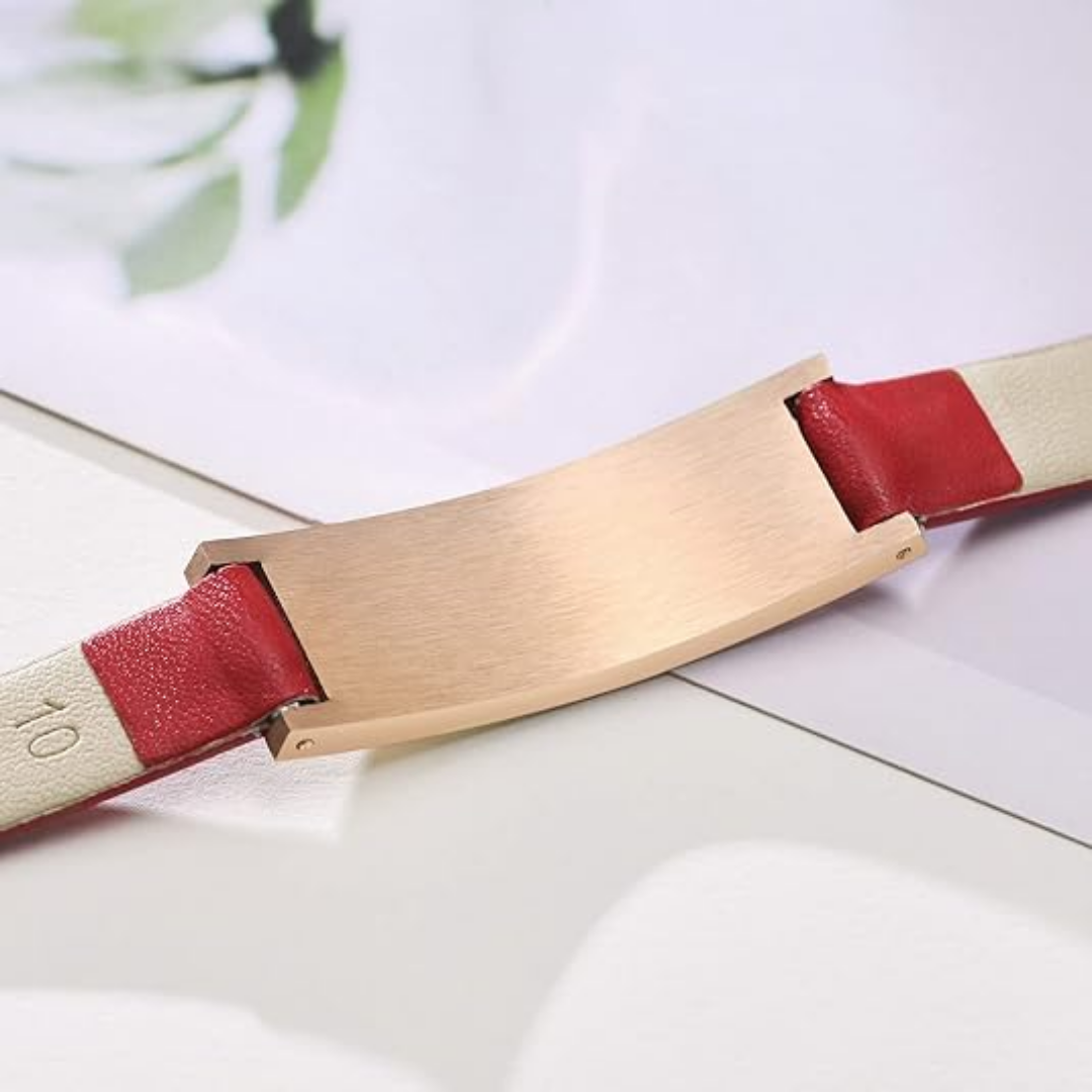 Red Leather Medical Alert ID Bracelet with Rose Gold Bar-Medical ID Bracelet-Auswara