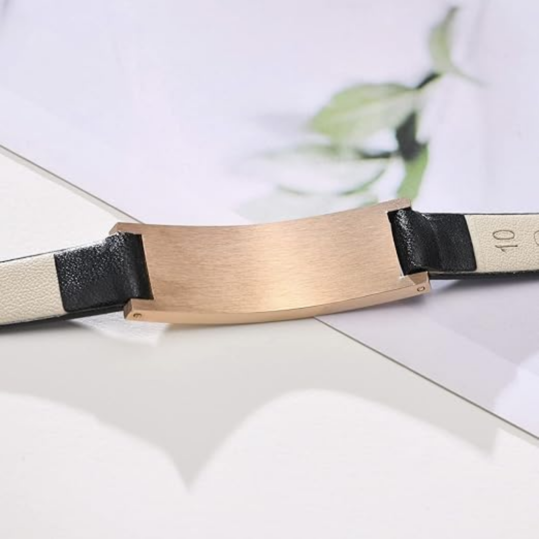Black Leather Medical Alert ID Bracelet with Rose Gold Bar-Medical ID Bracelet-Auswara