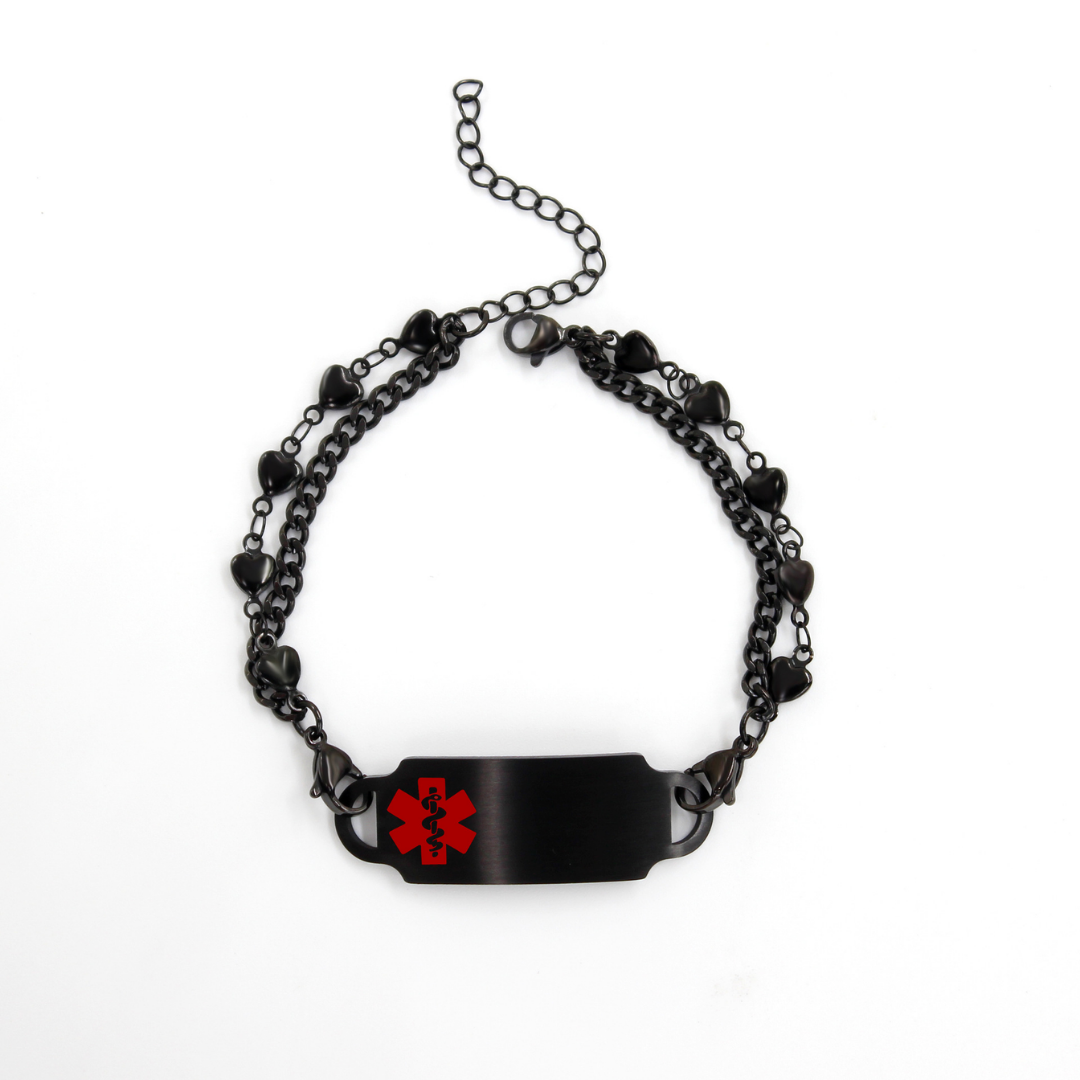Women's Black Heart Double Chain Medical ID Bracelet