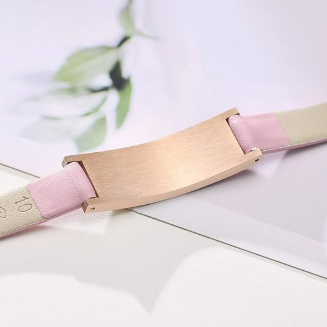 Pink Leather Medical Alert ID Bracelet with Rose Gold Bar-Medical ID Bracelet-Auswara