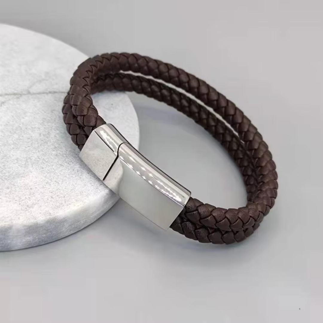 Brown Double Braided Personalised Leather Bracelet