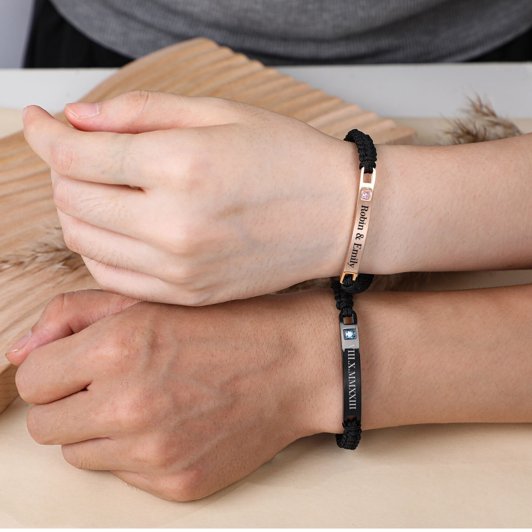 Personalised Couples Bar Bracelets with Cubic Zirconia-Couple Bracelet-Auswara