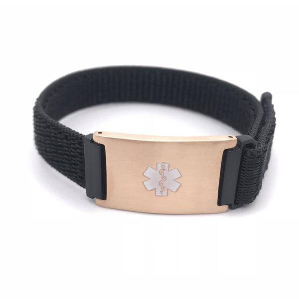 Adjustable Black Medical Alert Strap Bracelet with Rose Gold Plate-Medical ID Bracelet-Auswara