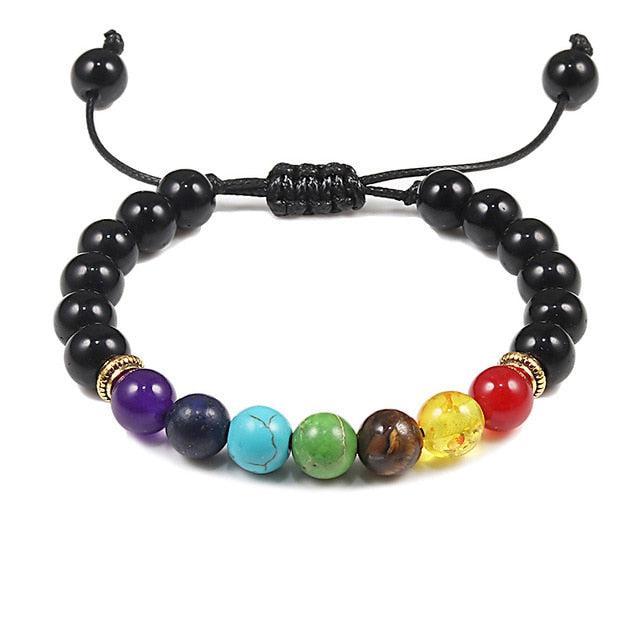 Adjustable Chakra with Black Beads Bracelet-Beads Bracelet-Auswara