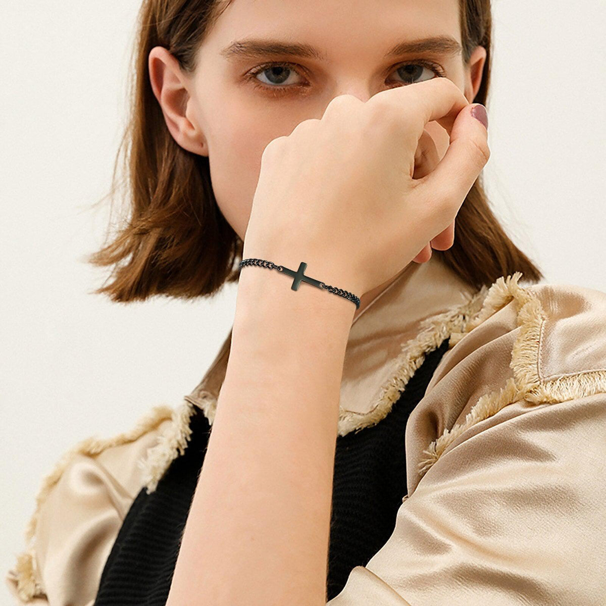 Adjustable Cross Chain Steel Bracelet – Black Colour-Cross Bracelet-Auswara