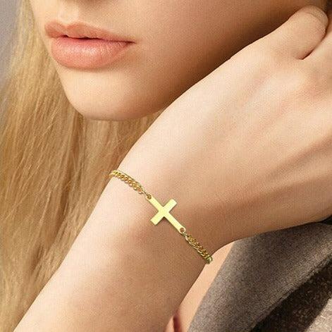 Adjustable Cross Chain Steel Bracelet – Gold Colour-Cross Bracelet-Auswara