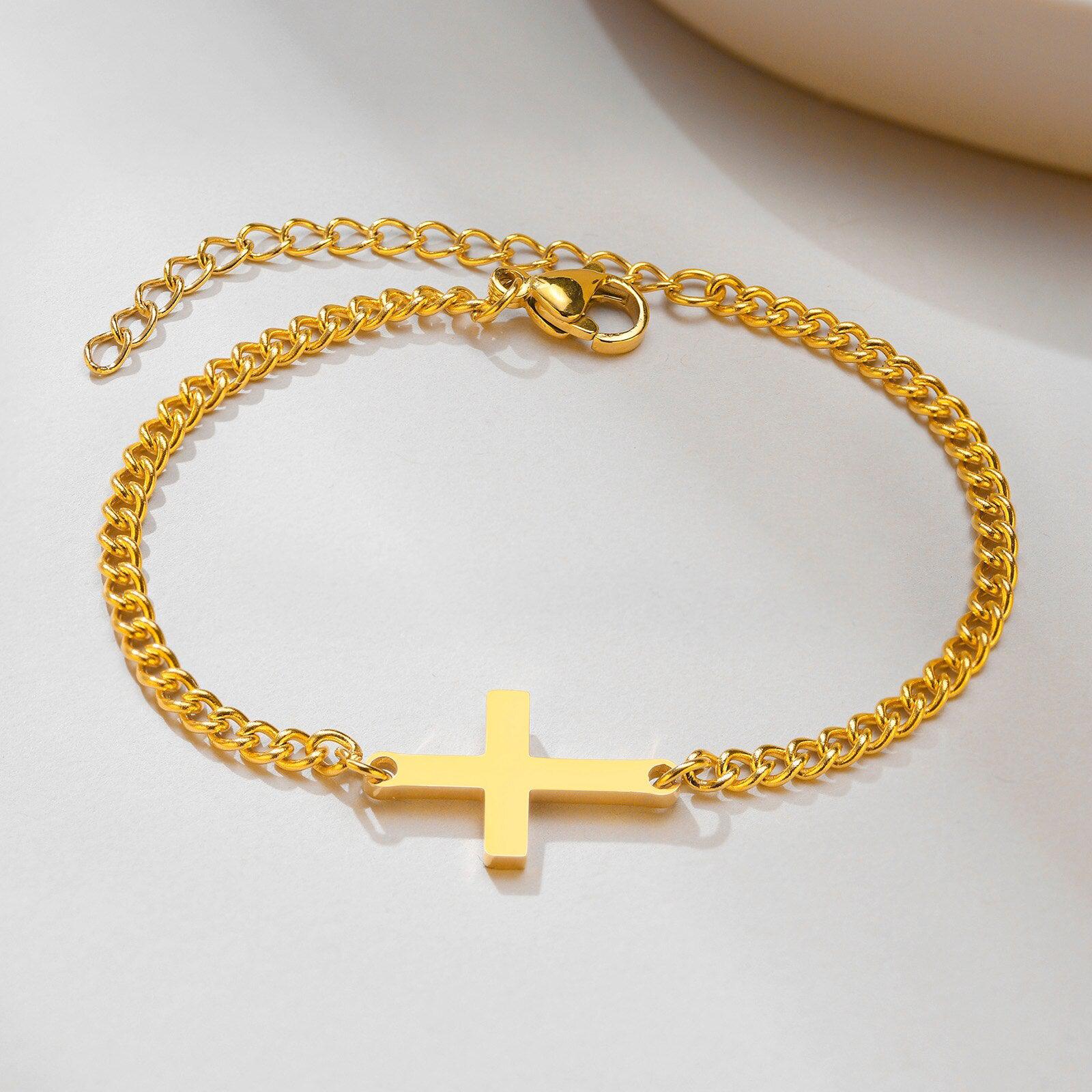 Adjustable Cross Chain Steel Bracelet – Gold Colour-Cross Bracelet-Auswara