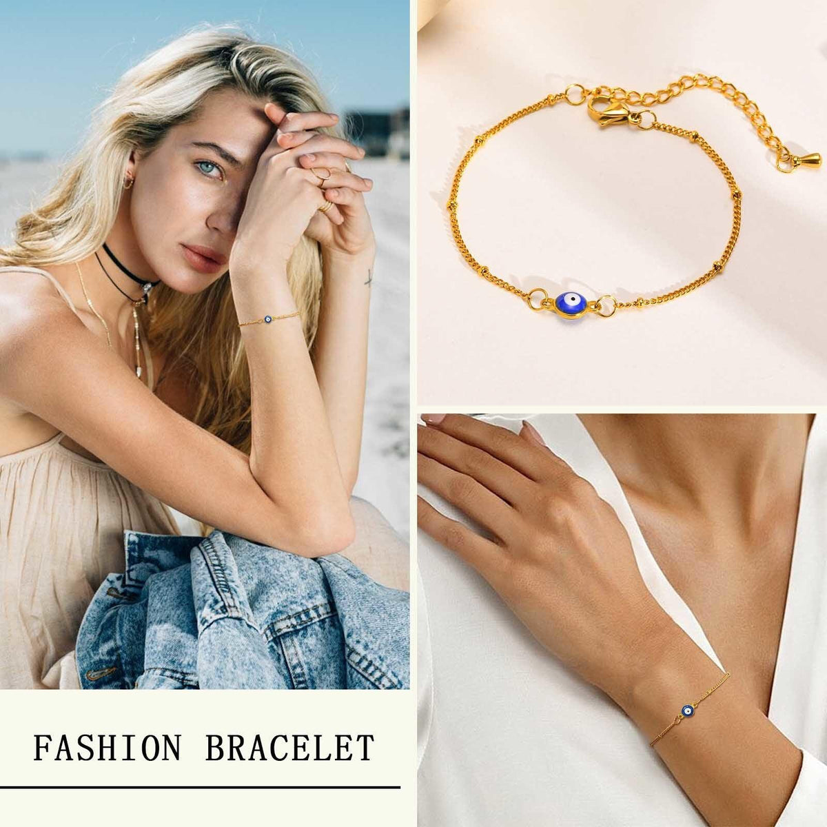 Adjustable Gold Colour Evil Eye Bracelet-Evil Eye Bracelet-Auswara