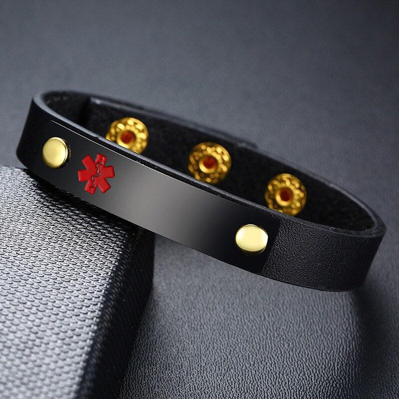Adjustable Leather Medical Alert Bracelet with Black Bar-Medical ID Bracelet-Auswara