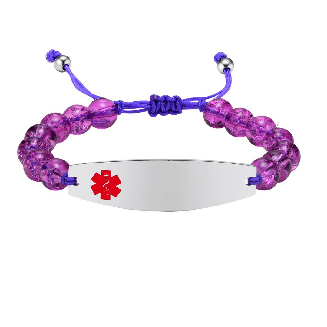 Adjustable Medical Alert Bracelet with Purple Beads-Medical ID Bracelet-Auswara