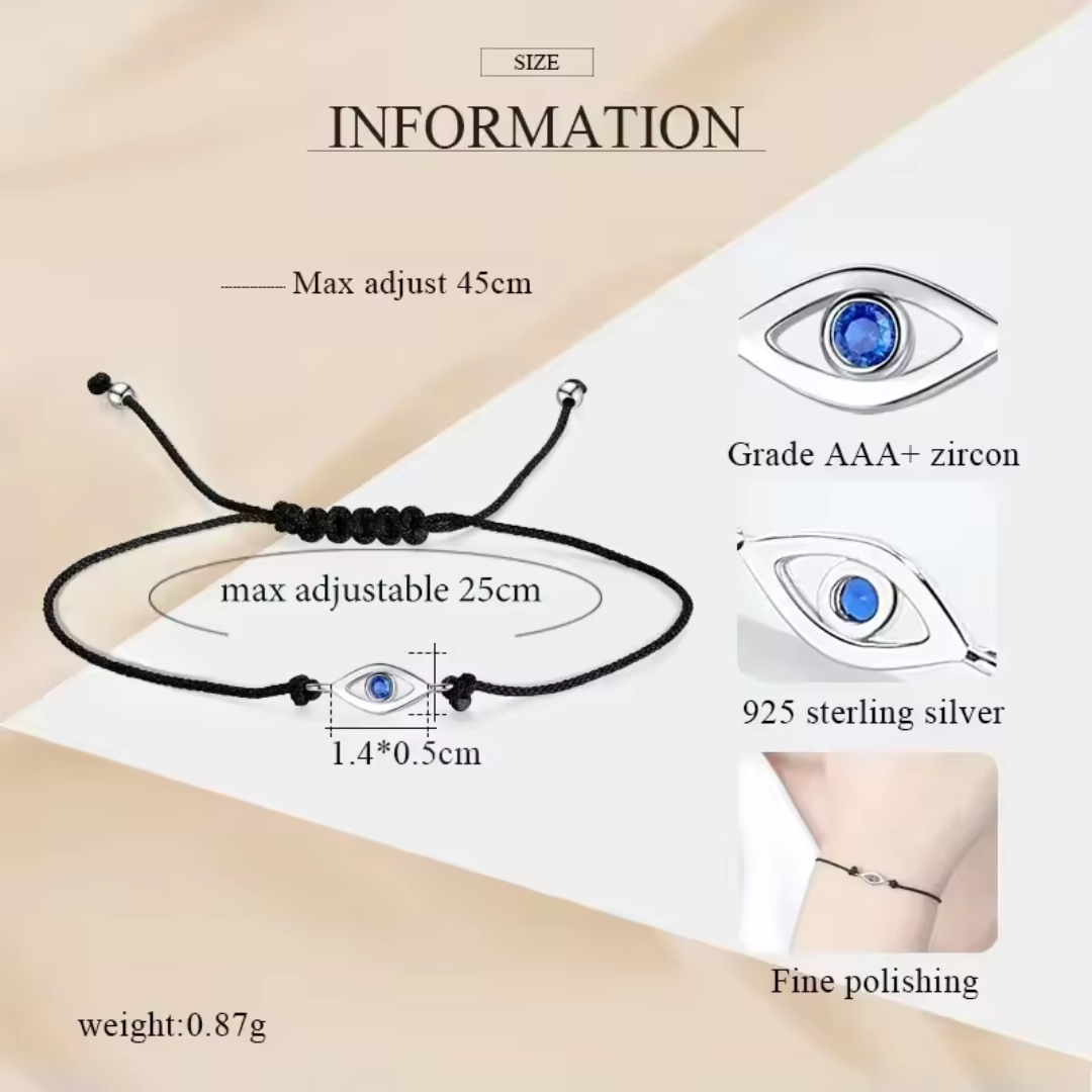 Adjustable Rope Sterling Silver Evil Eye Bracelet