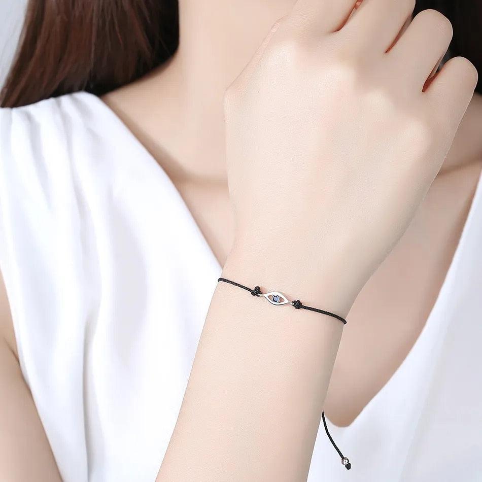 Adjustable Rope Sterling Silver Evil Eye Bracelet-Evil Eye Bracelet-Auswara