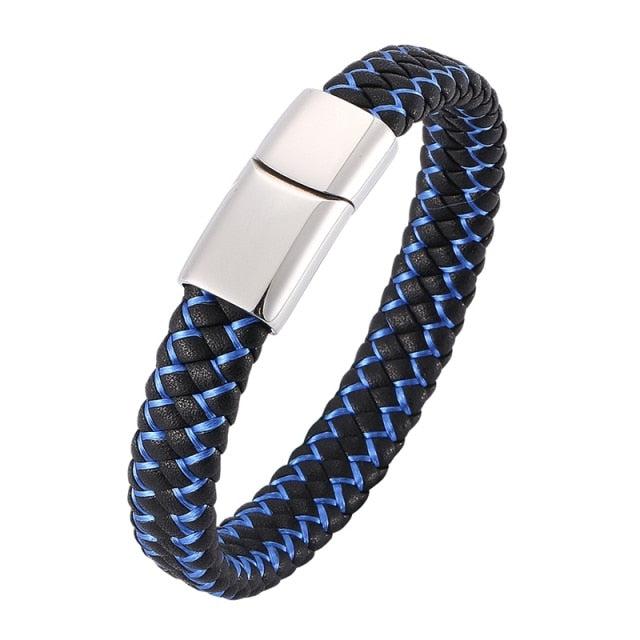 Black & Blue Personalised Braided Leather Bracelet for Men-Personalised Bracelet-Auswara