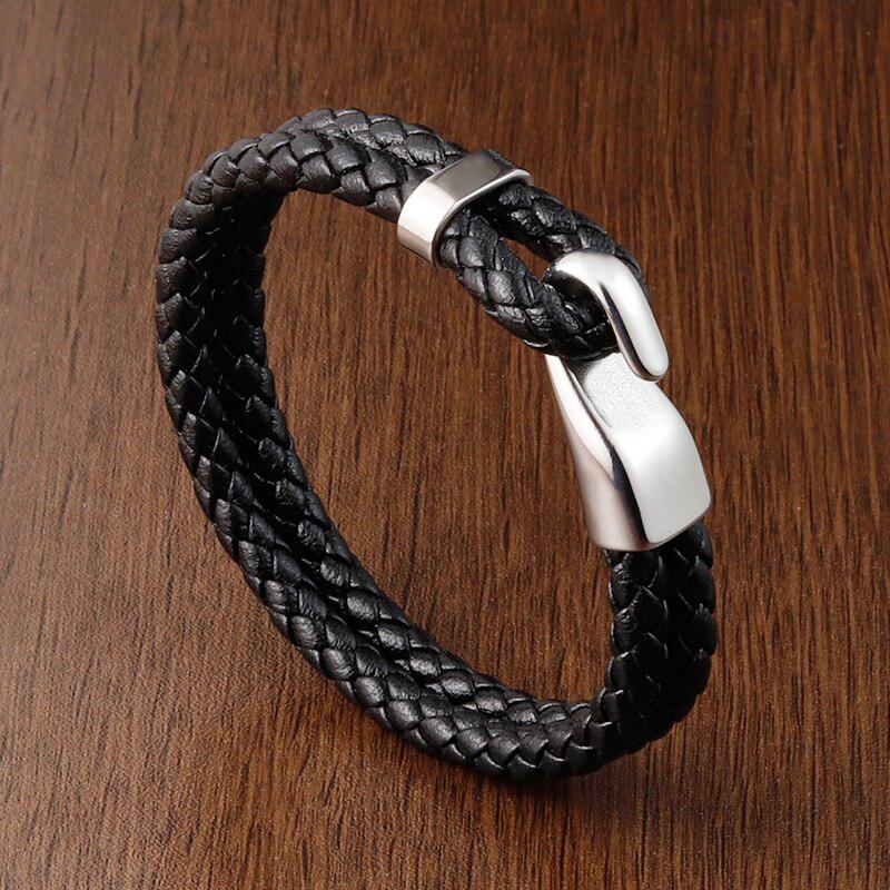 Black Braided Leather Hook Bracelet-Leather Bracelet-Auswara