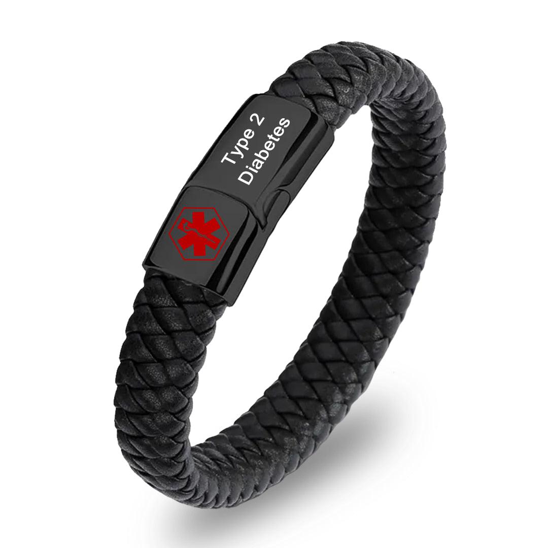 Black Braided Leather Medical Alert Bracelet-Medical ID Bracelet-Auswara