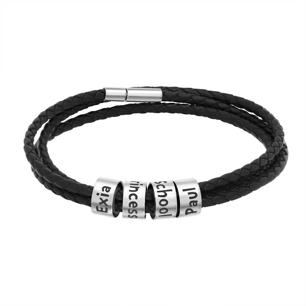 Black Braided Men Leather Bracelet with Customised Beads-Personalised Bracelet-Auswara