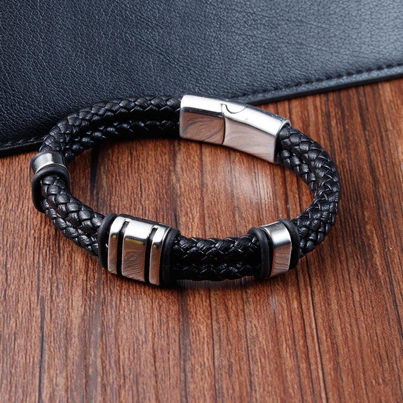 Black Double Braided Men Leather Bracelet-Leather Bracelet-Auswara