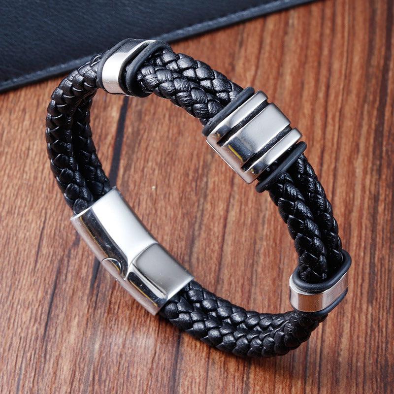 Black Double Braided Men Leather Bracelet-Leather Bracelet-Auswara