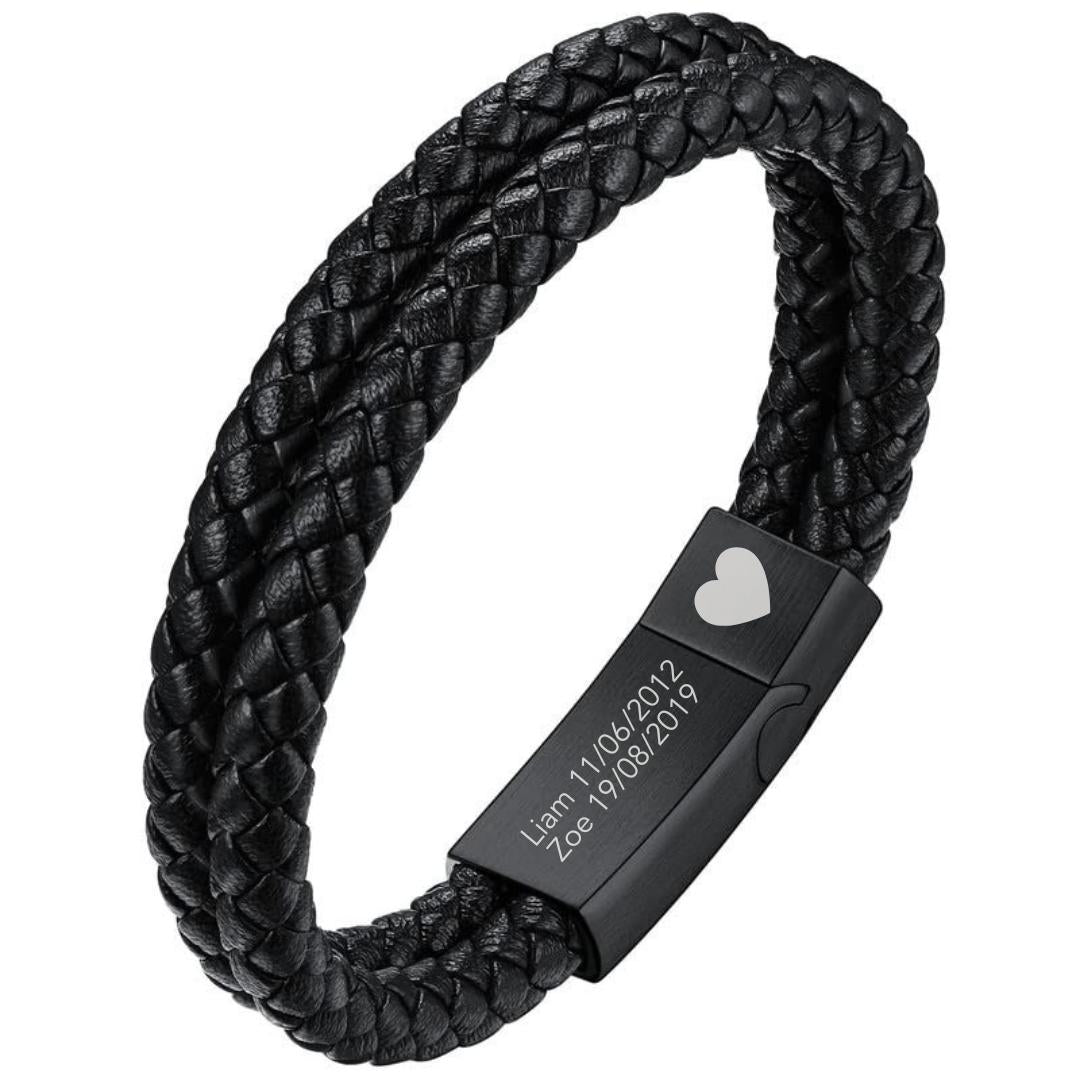 Black Double Braided Personalised Leather Bracelet with Black Clasp-Personalised Bracelet-Auswara