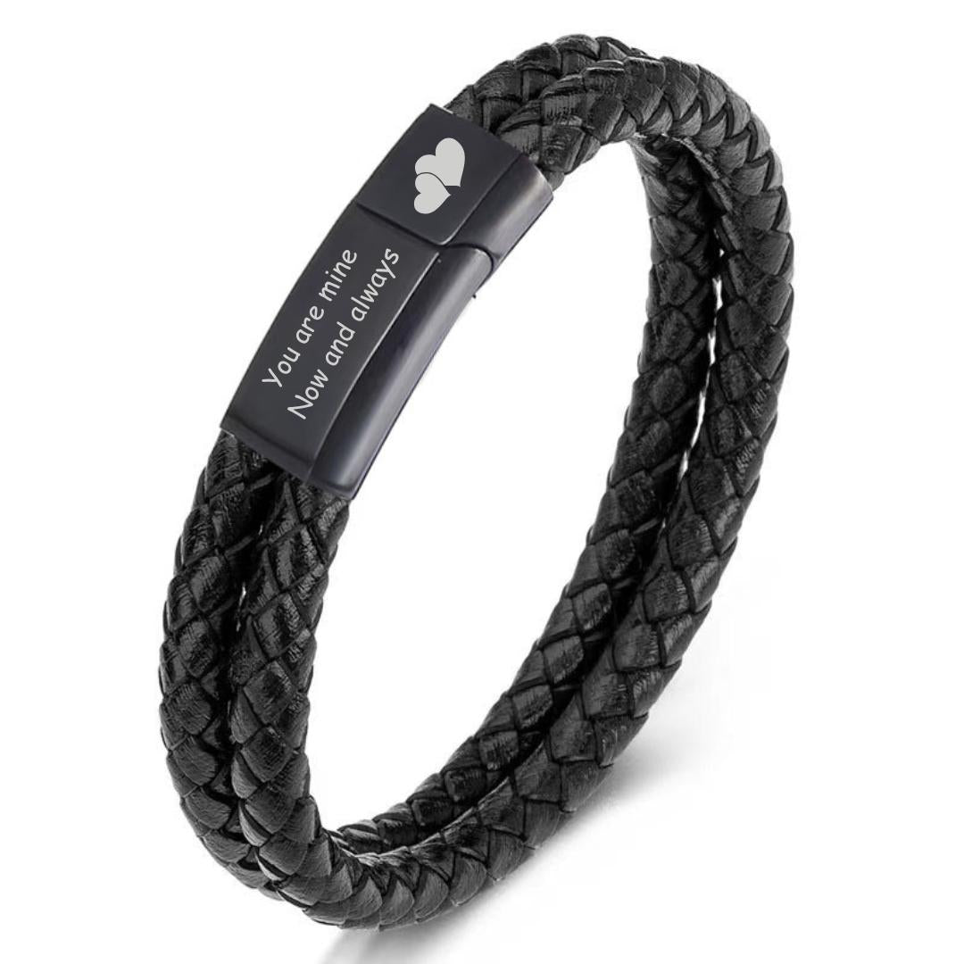 Black Double Braided Personalised Leather Bracelet with Black Clasp-Personalised Bracelet-Auswara