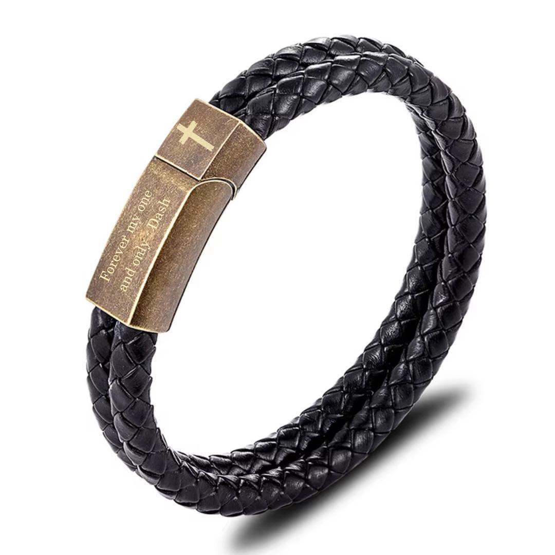 Black Double Braided Personalised Leather Bracelet with Brass Coloured Clasp-Personalised Bracelet-Auswara