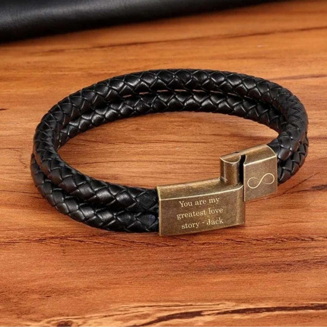 Black Double Braided Personalised Leather Bracelet with Brass Coloured Clasp-Personalised Bracelet-Auswara