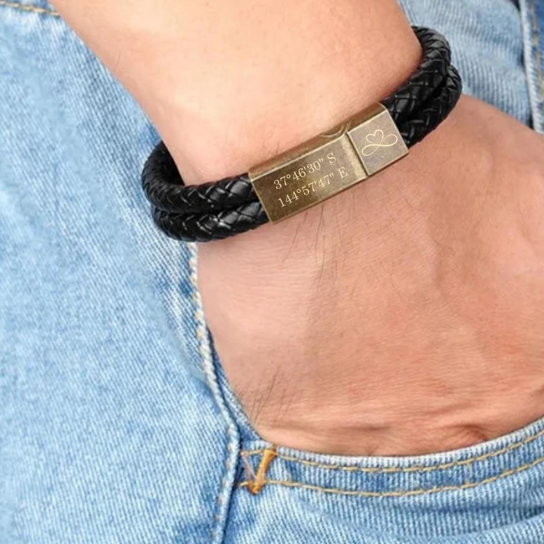 Black Double Braided Personalised Leather Bracelet with Brass Coloured Clasp-Personalised Bracelet-Auswara