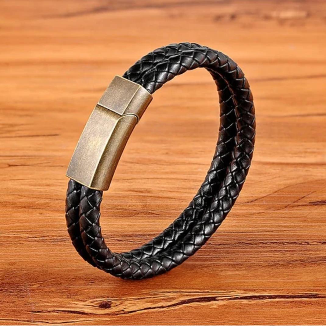 Black Double Braided Personalised Leather Bracelet with Brass Coloured Clasp-Personalised Bracelet-Auswara