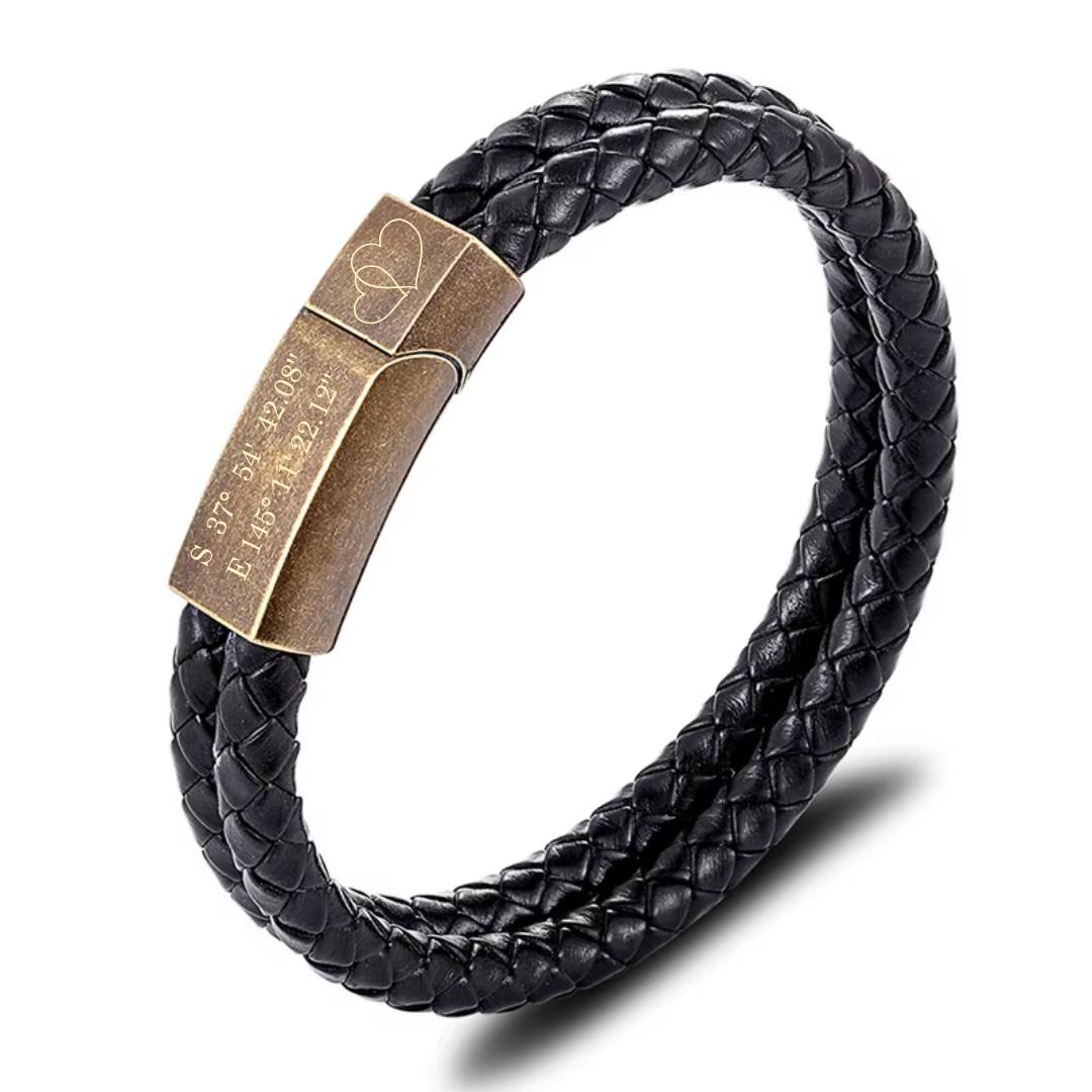 Black Double Braided Personalised Leather Bracelet with Brass Coloured Clasp-Personalised Bracelet-Auswara